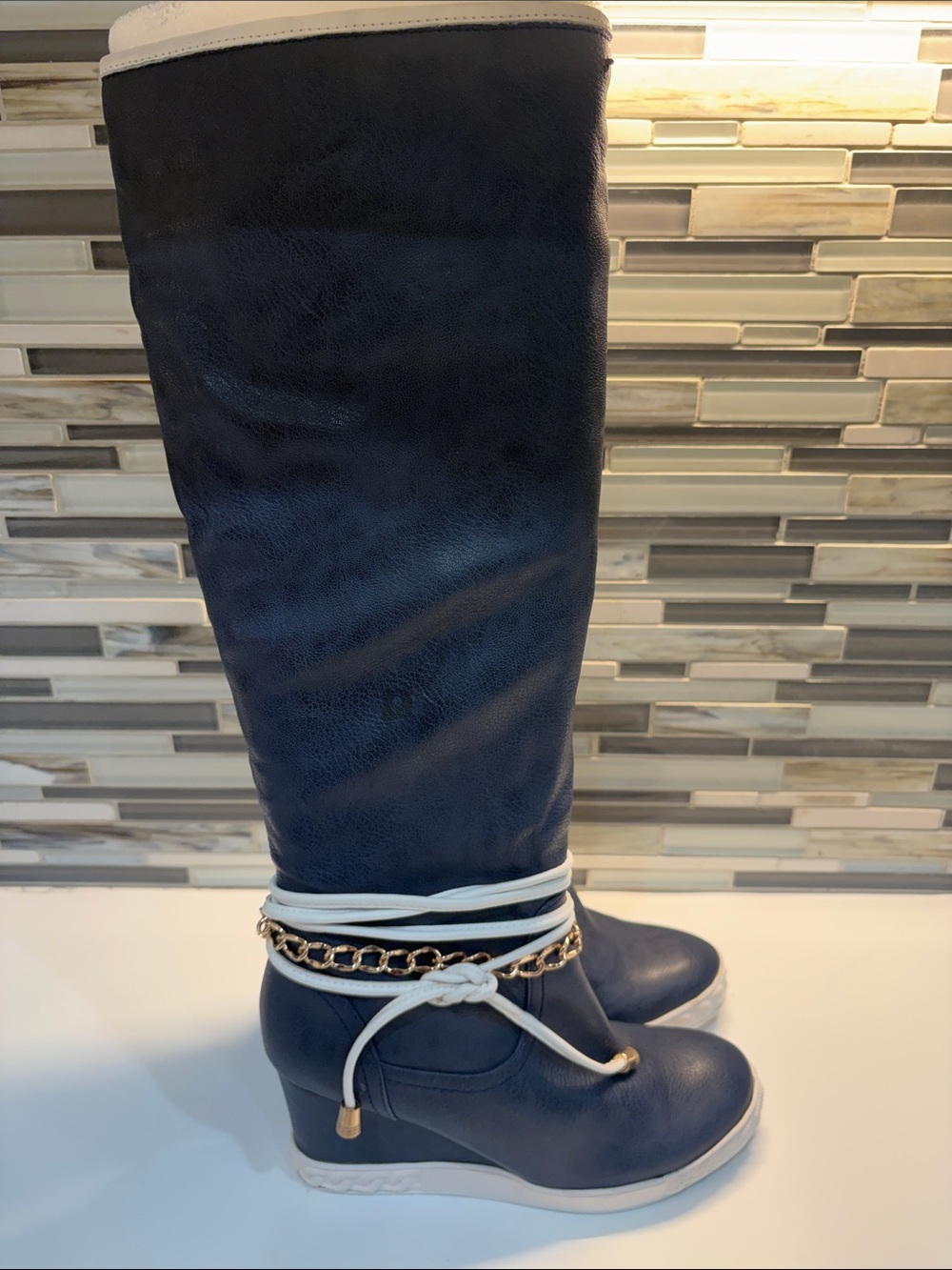 Source Unknown Navy and White Wedge-High Boots with Gold Chain